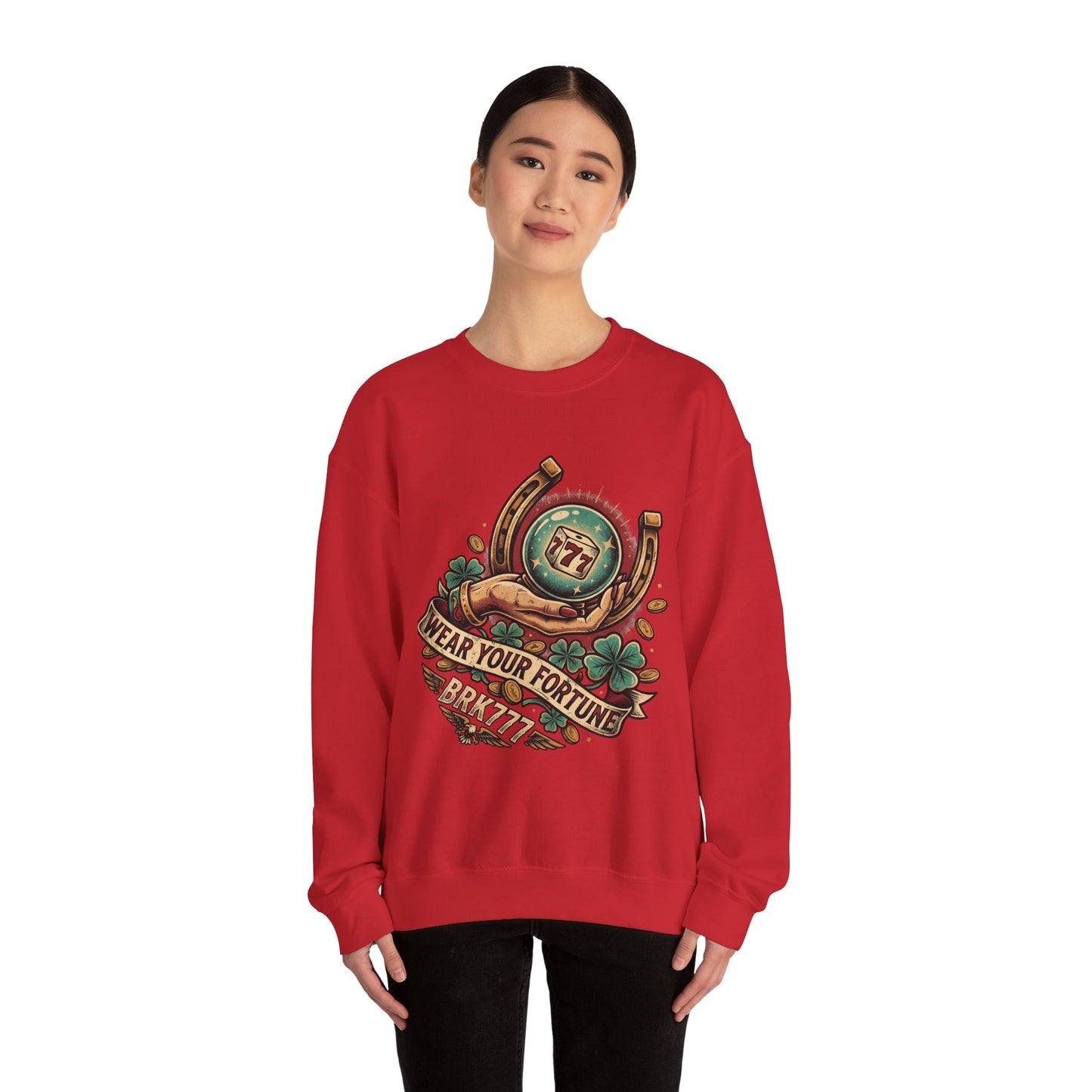 Fortune & Horseshoe Crewneck Sweatshirt — "Wear Your Fortune" Graphic