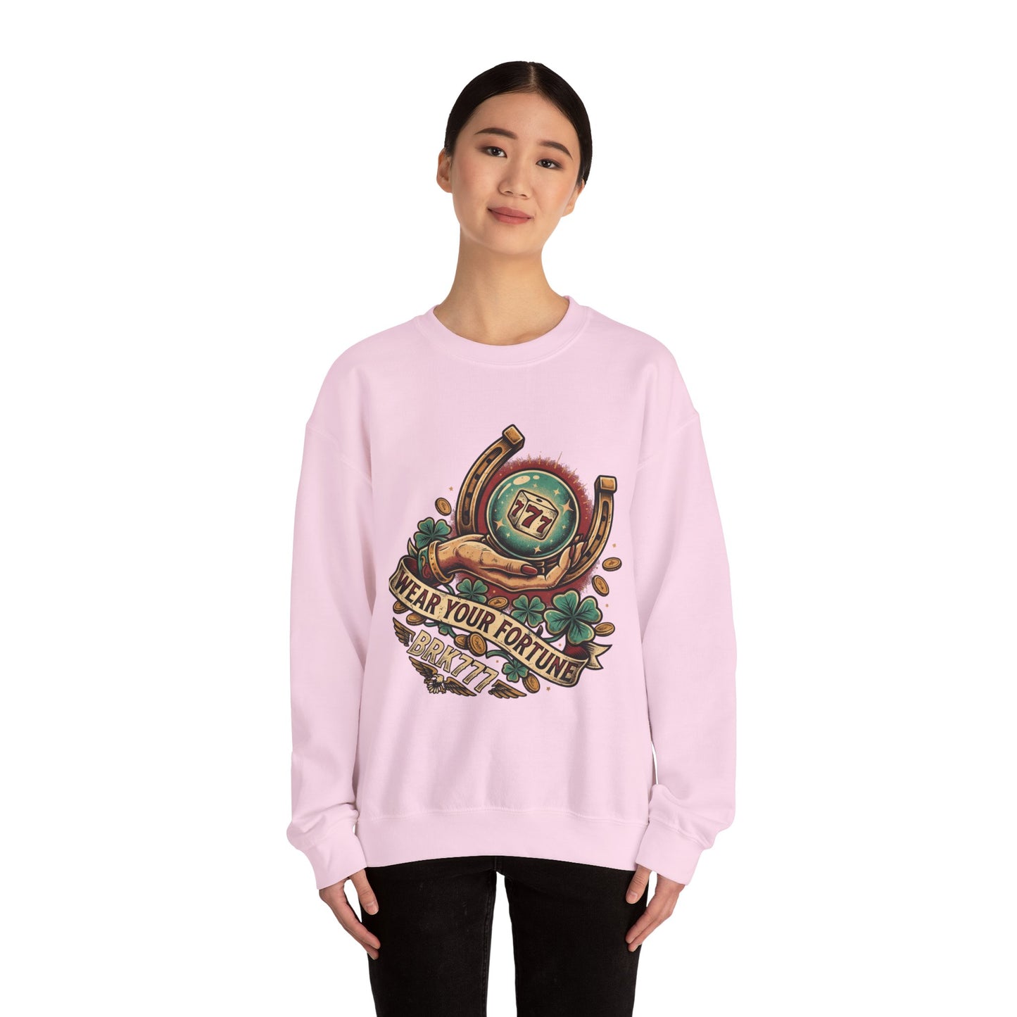 Fortune & Horseshoe Crewneck Sweatshirt — "Wear Your Fortune" Graphic
