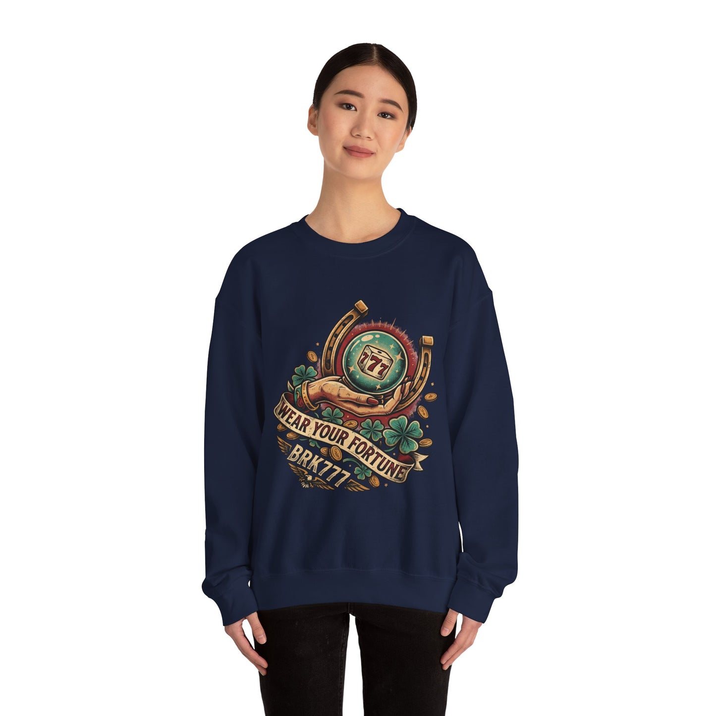 Fortune & Horseshoe Crewneck Sweatshirt — "Wear Your Fortune" Graphic