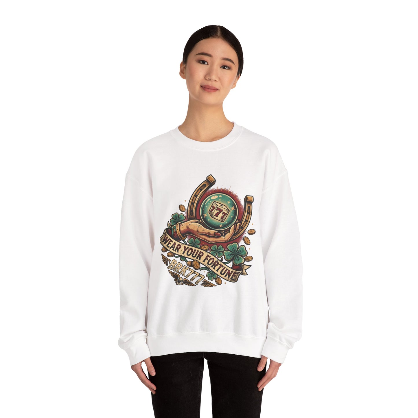 Fortune & Horseshoe Crewneck Sweatshirt — "Wear Your Fortune" Graphic