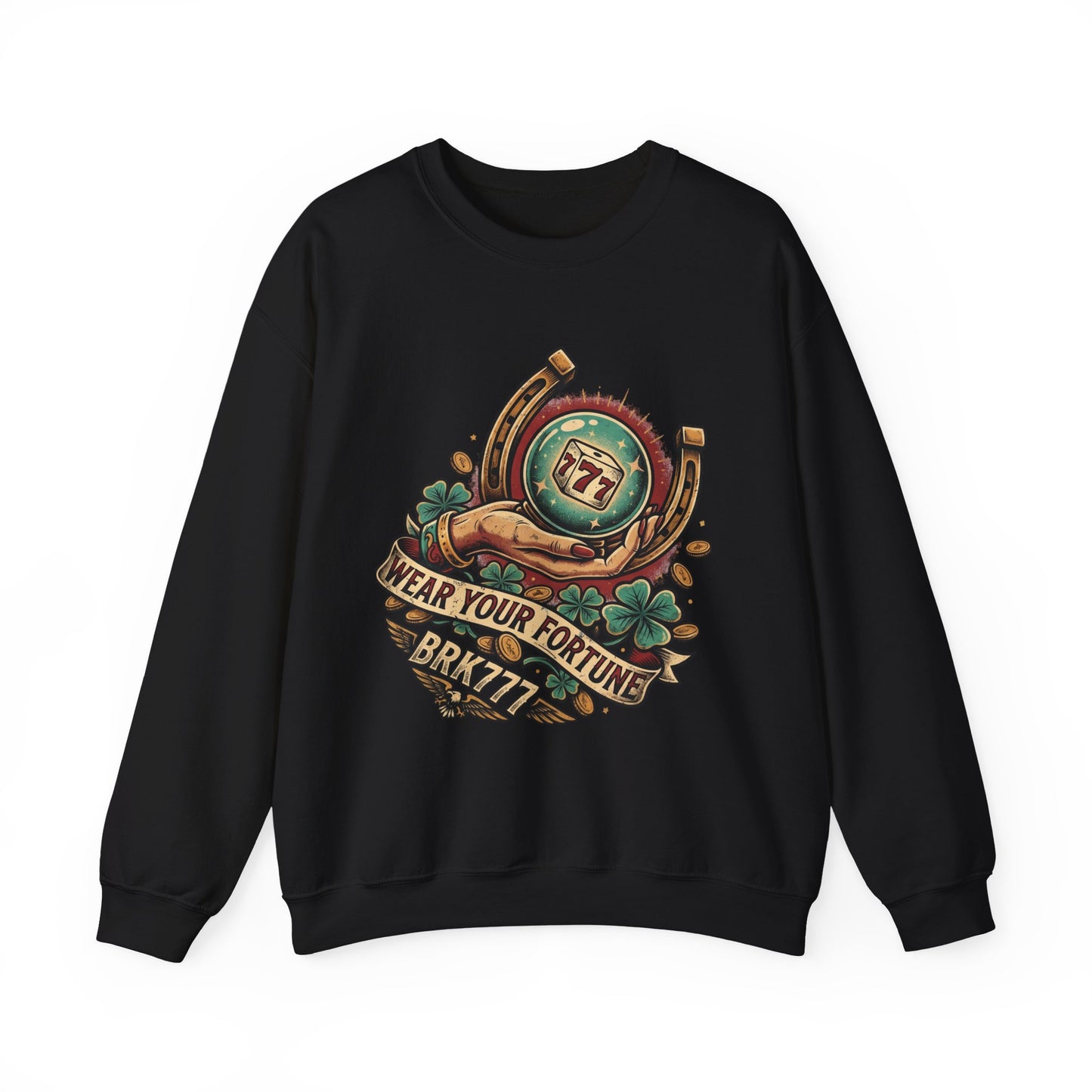 Fortune & Horseshoe Crewneck Sweatshirt — "Wear Your Fortune" Graphic