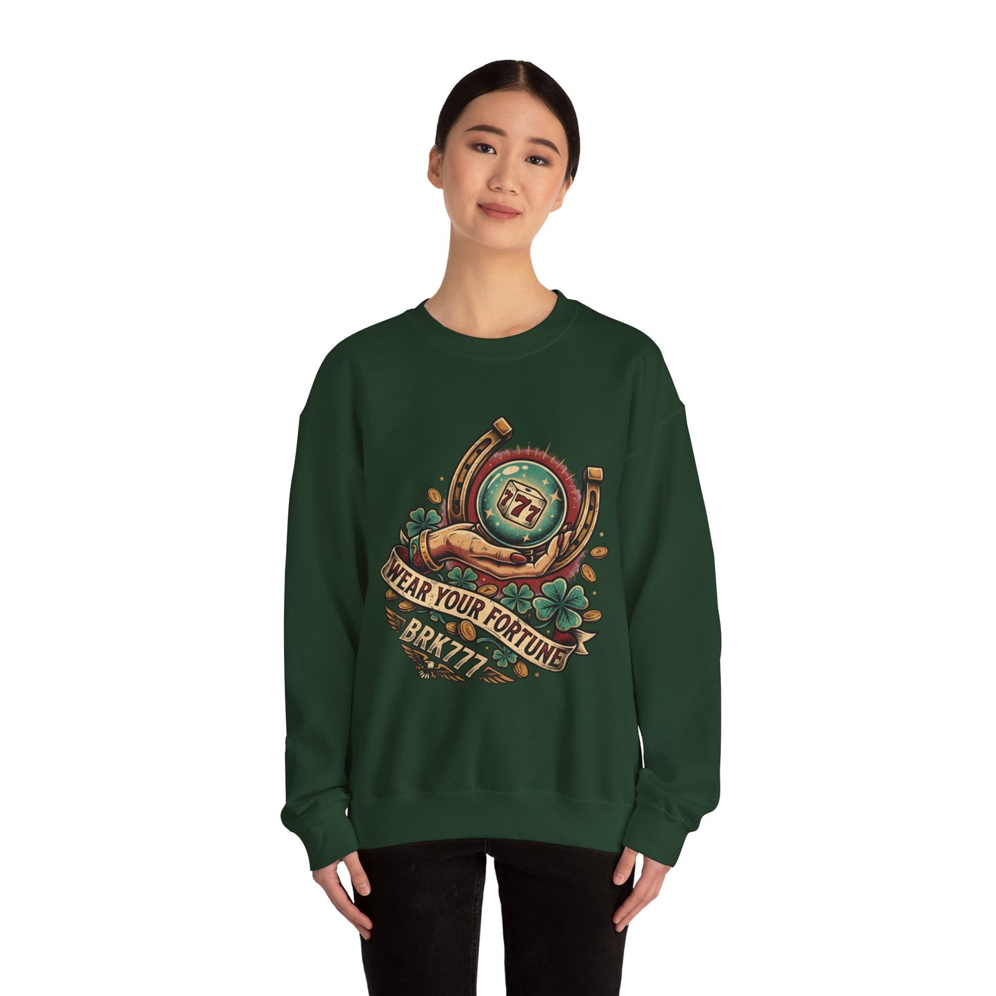 Fortune & Horseshoe Crewneck Sweatshirt — "Wear Your Fortune" Graphic