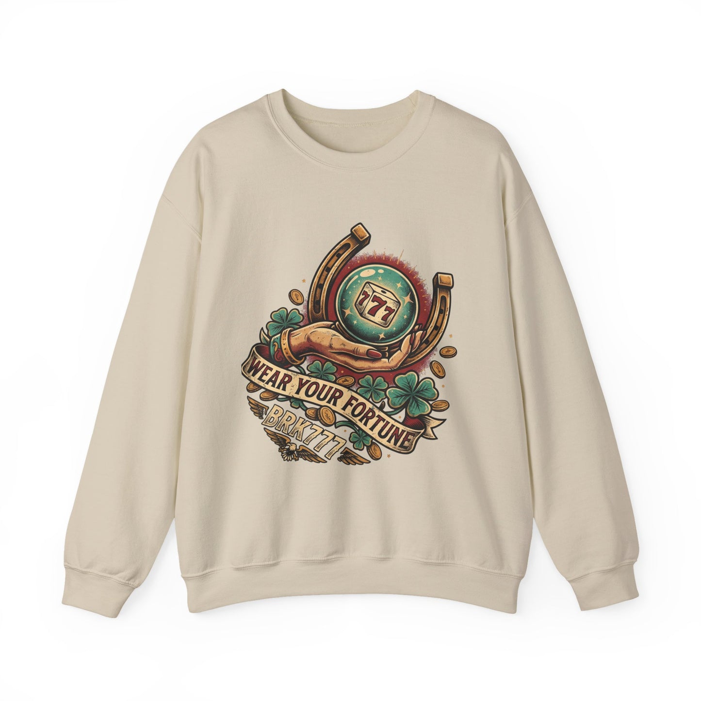 Fortune & Horseshoe Crewneck Sweatshirt — "Wear Your Fortune" Graphic