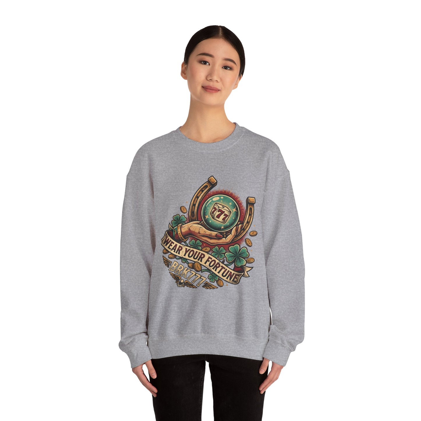 Fortune & Horseshoe Crewneck Sweatshirt — "Wear Your Fortune" Graphic