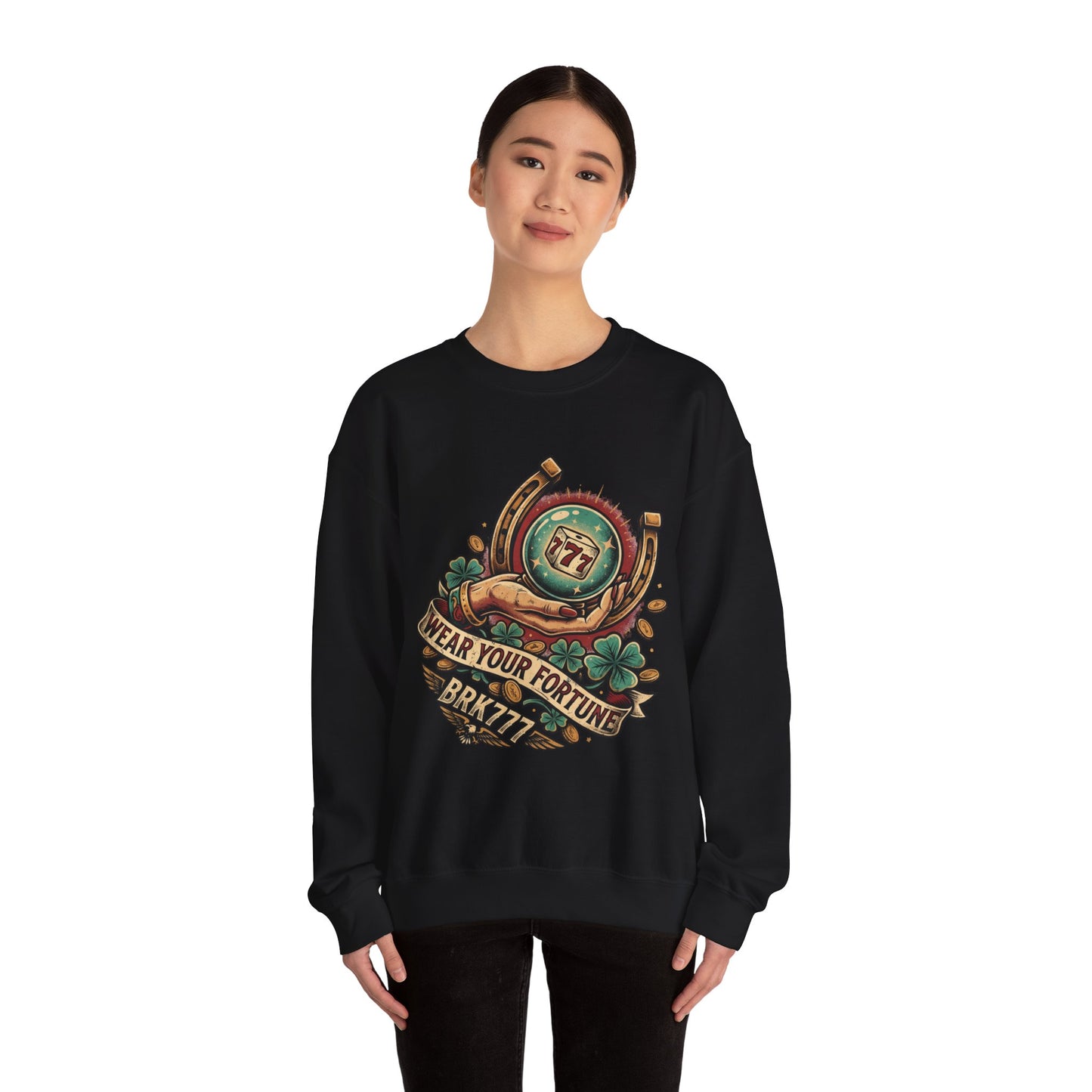 Fortune & Horseshoe Crewneck Sweatshirt — "Wear Your Fortune" Graphic