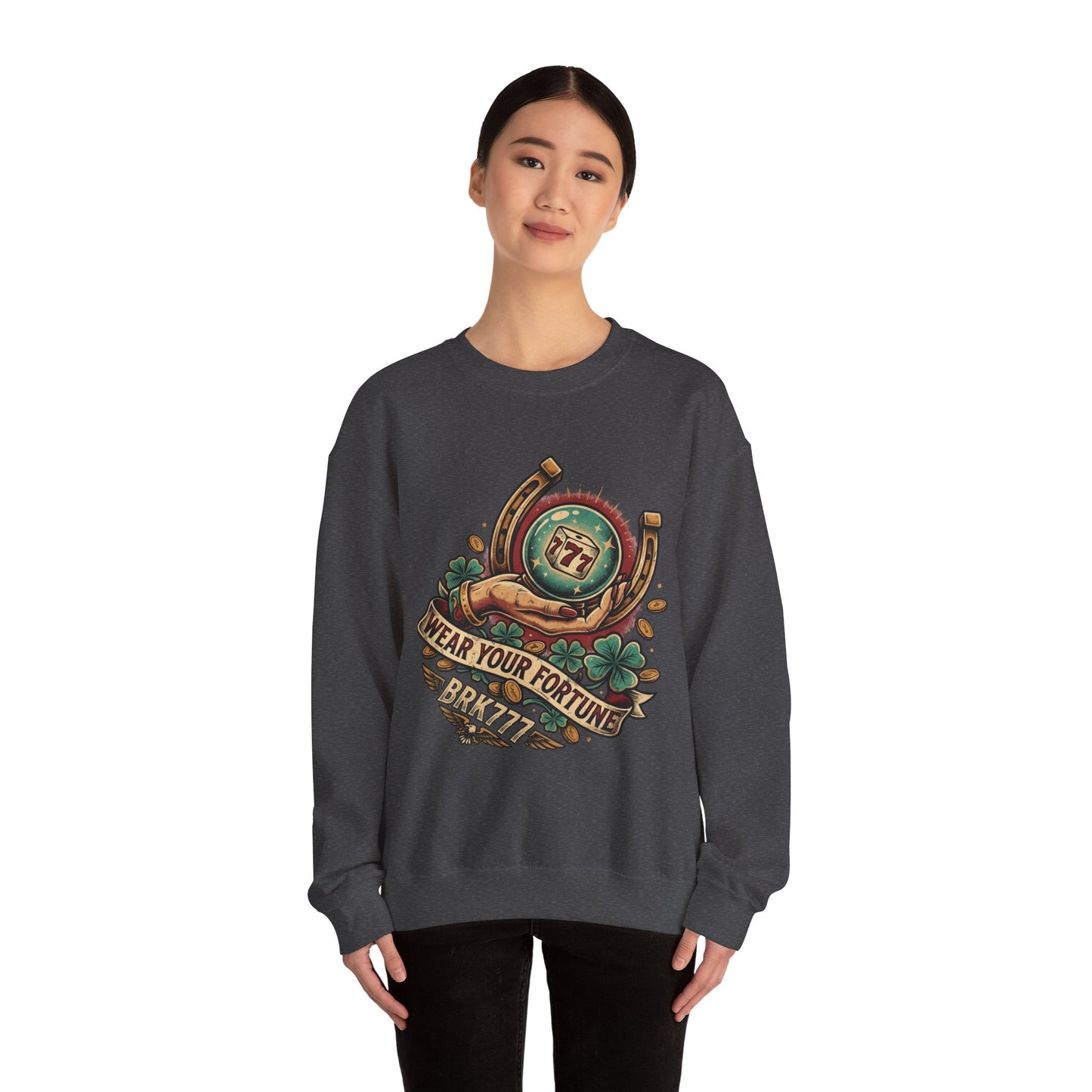 Fortune & Horseshoe Crewneck Sweatshirt — "Wear Your Fortune" Graphic