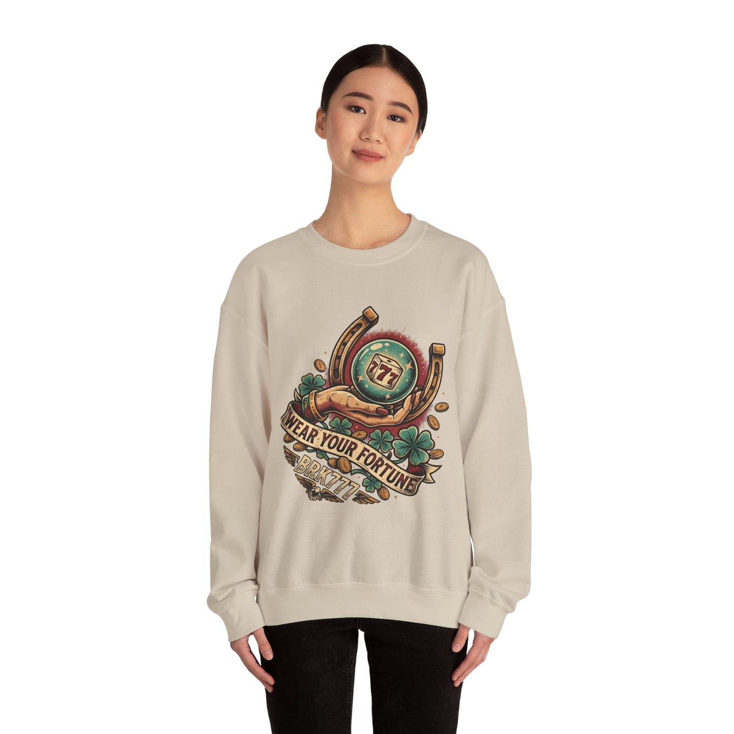 Fortune & Horseshoe Crewneck Sweatshirt — "Wear Your Fortune" Graphic