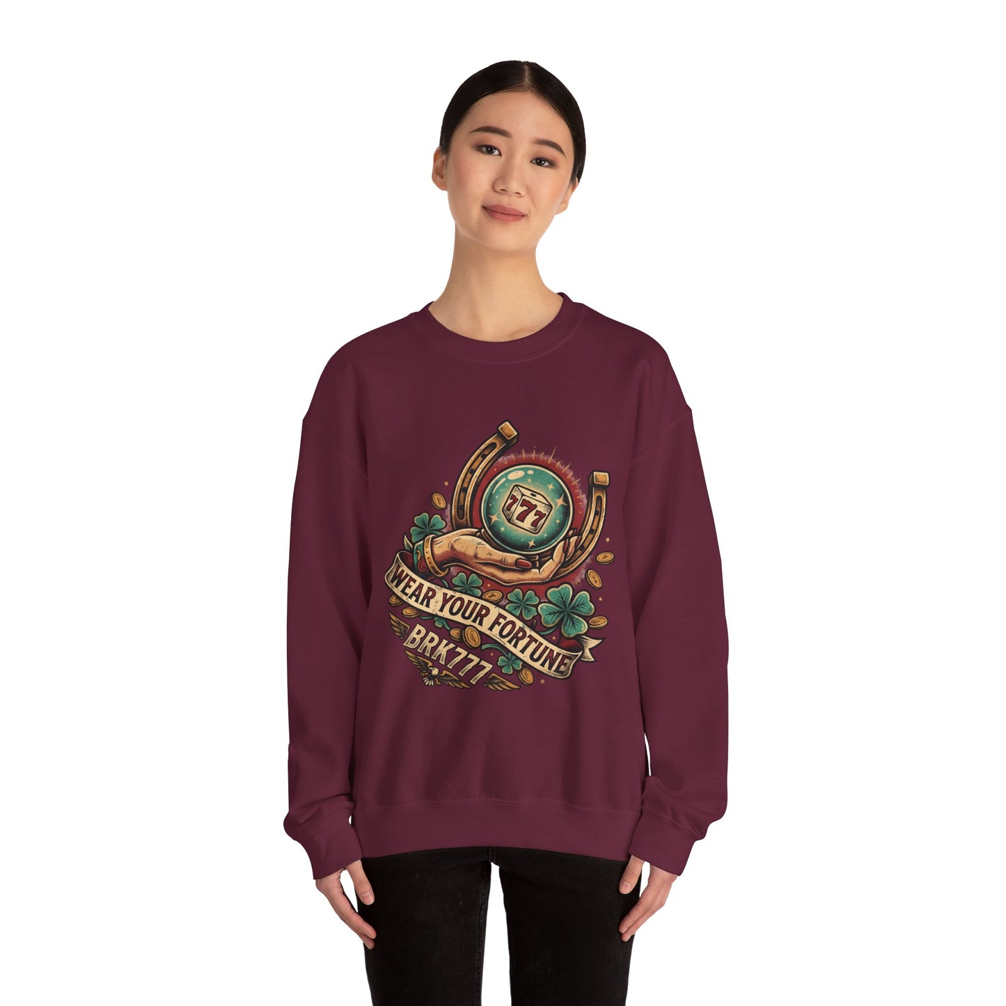 Fortune & Horseshoe Crewneck Sweatshirt — "Wear Your Fortune" Graphic